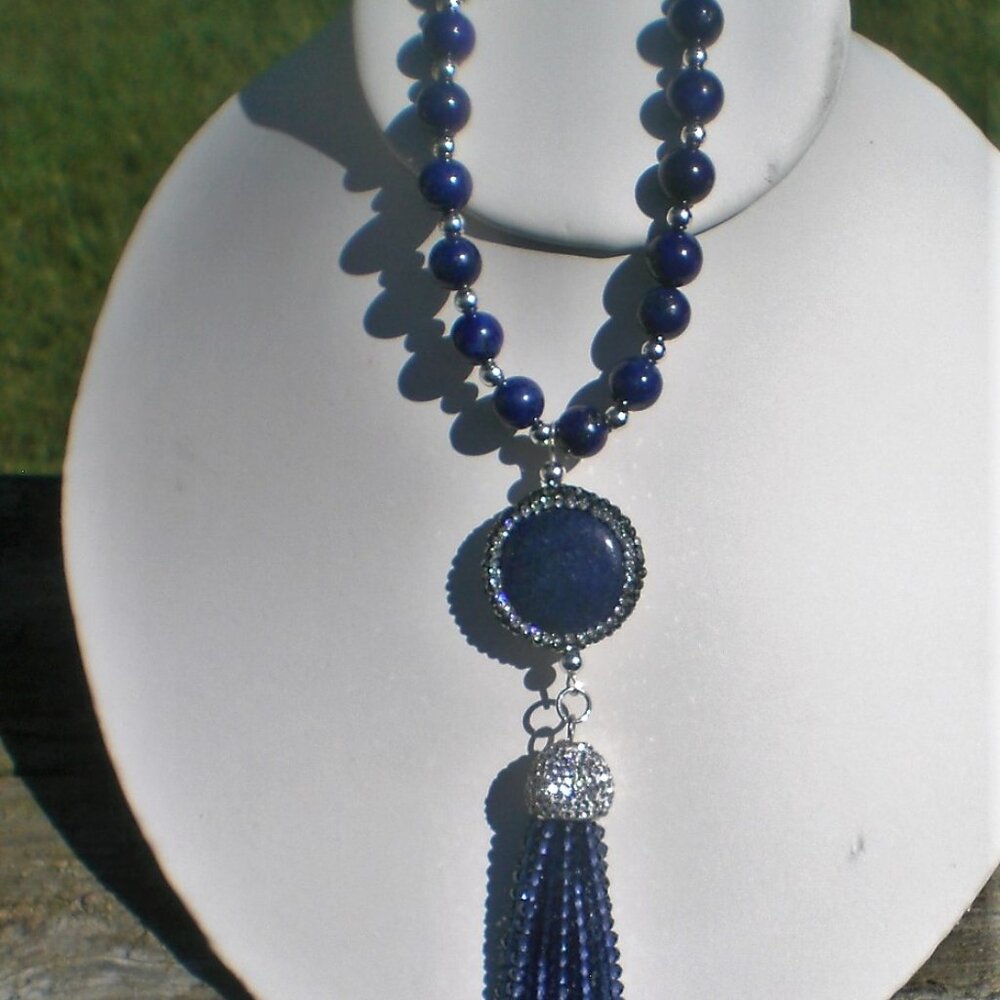 Couture Navy Blue Lapis Gemstone Necklace w/Beaded Tassel